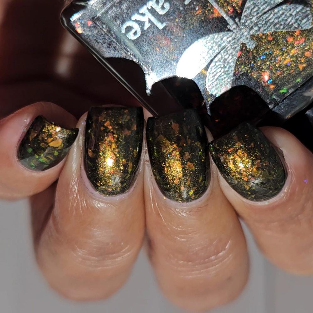 Night Fire ~ black nail polish with red and orange flakes