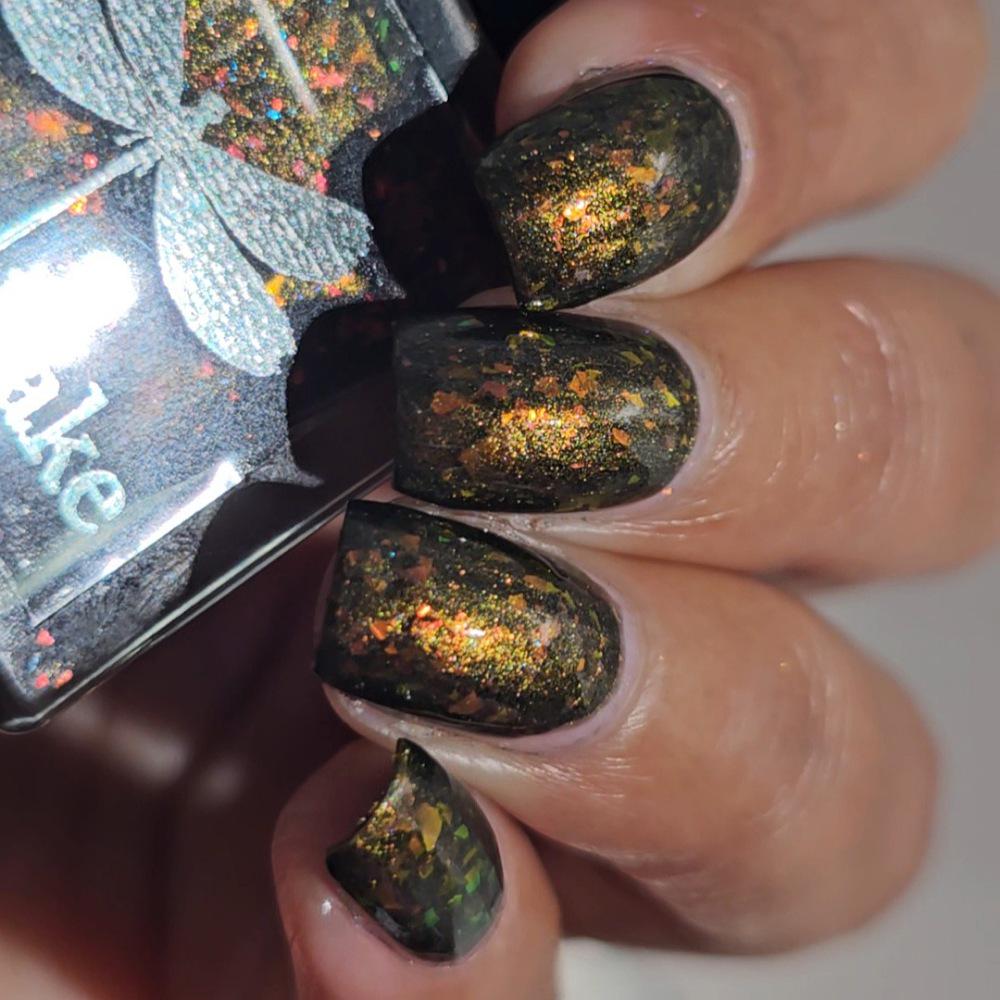 Night Fire ~ black nail polish with red and orange flakes