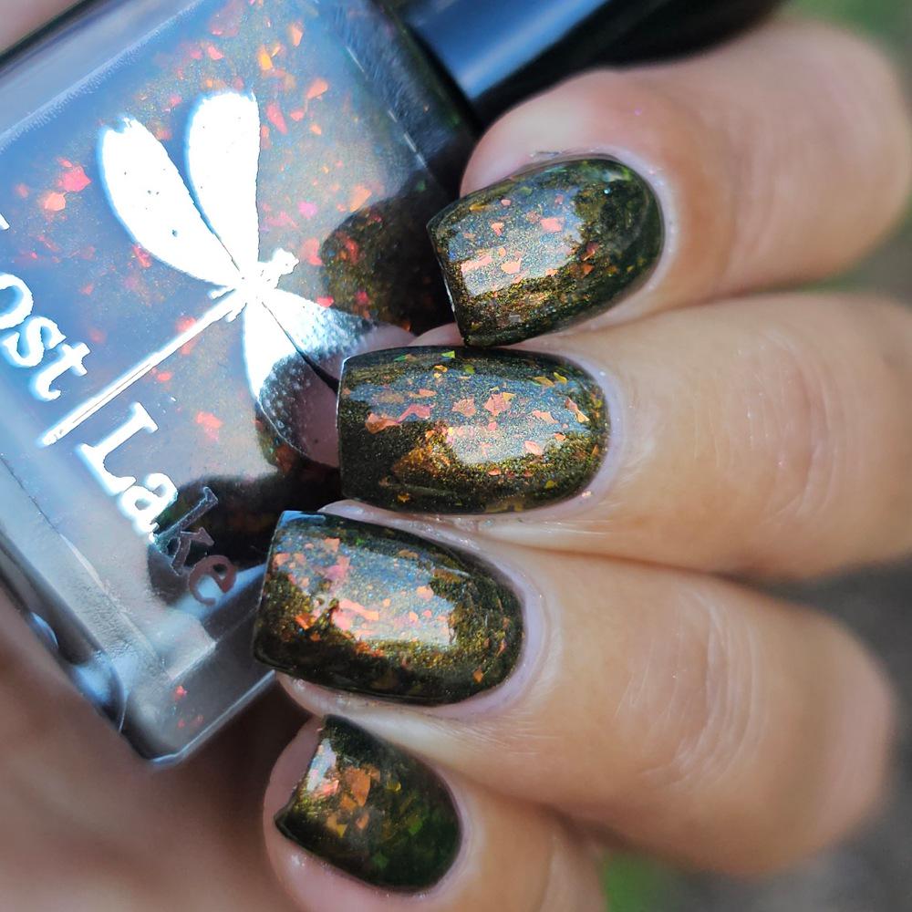 Night Fire ~ black nail polish with red and orange flakes