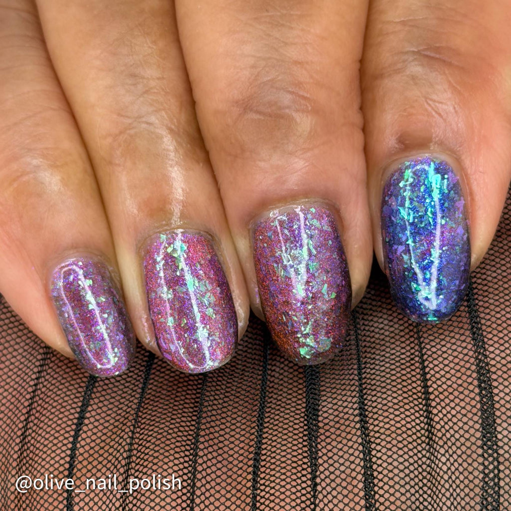 Alpenglow | PRE-ORDER | Purple jelly & red magnetic nail polish with shifting auroral flakies