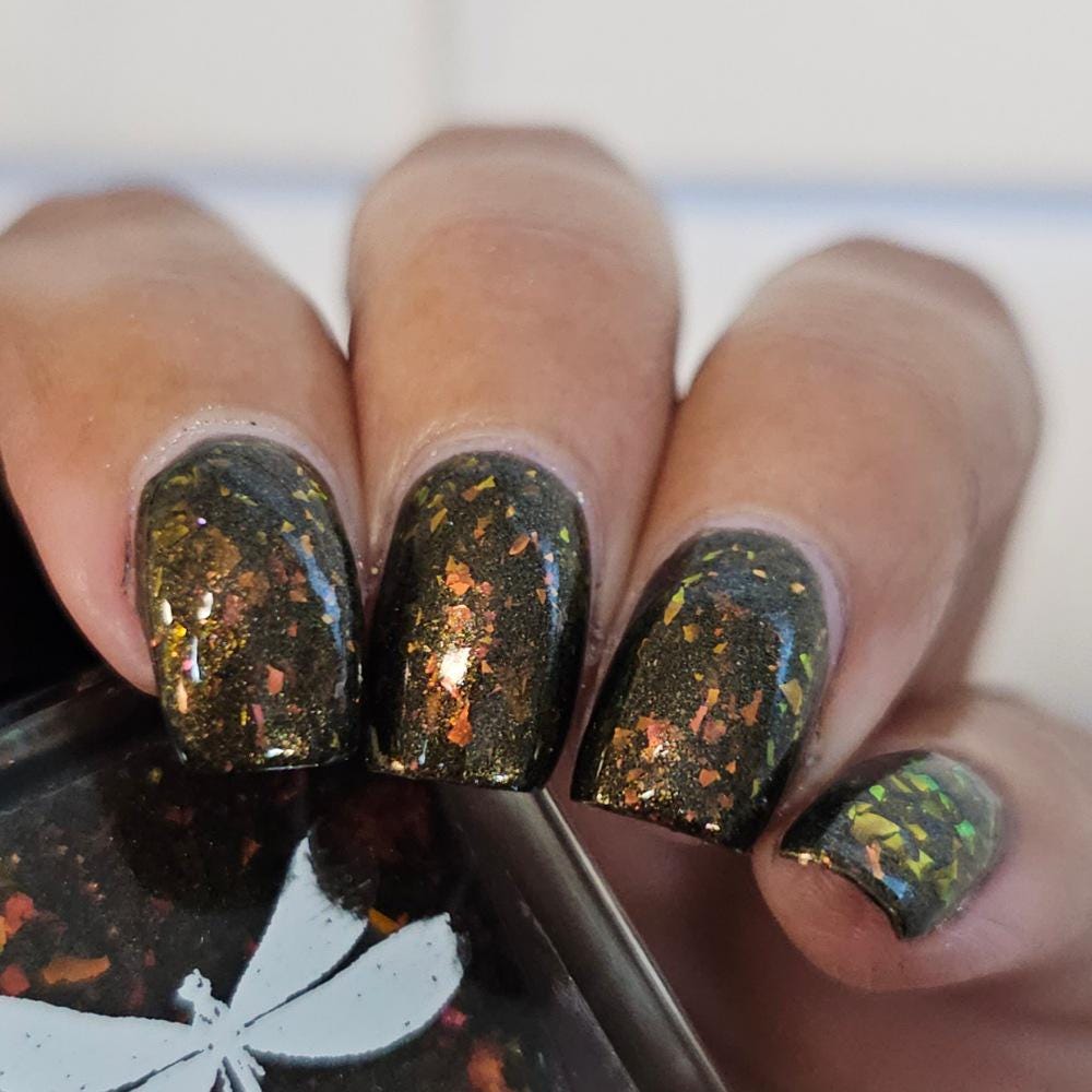 Night Fire ~ black nail polish with red and orange flakes