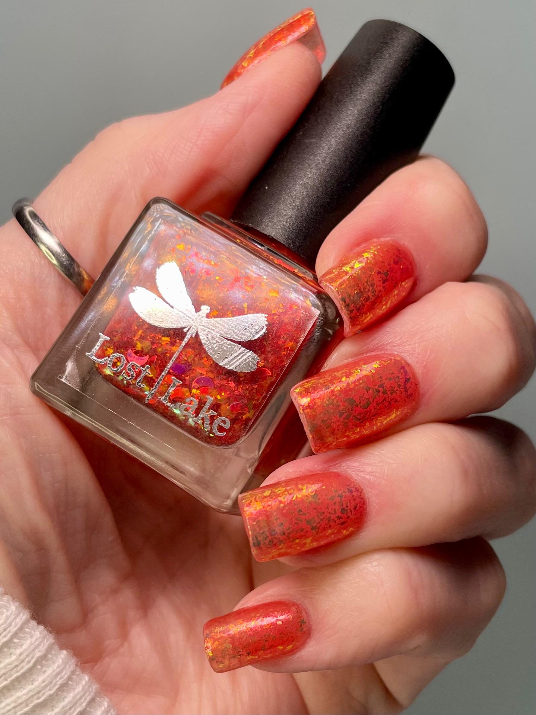 Neon Orange Jelly Nail Polish with Red Flakies: Luna de Fuego