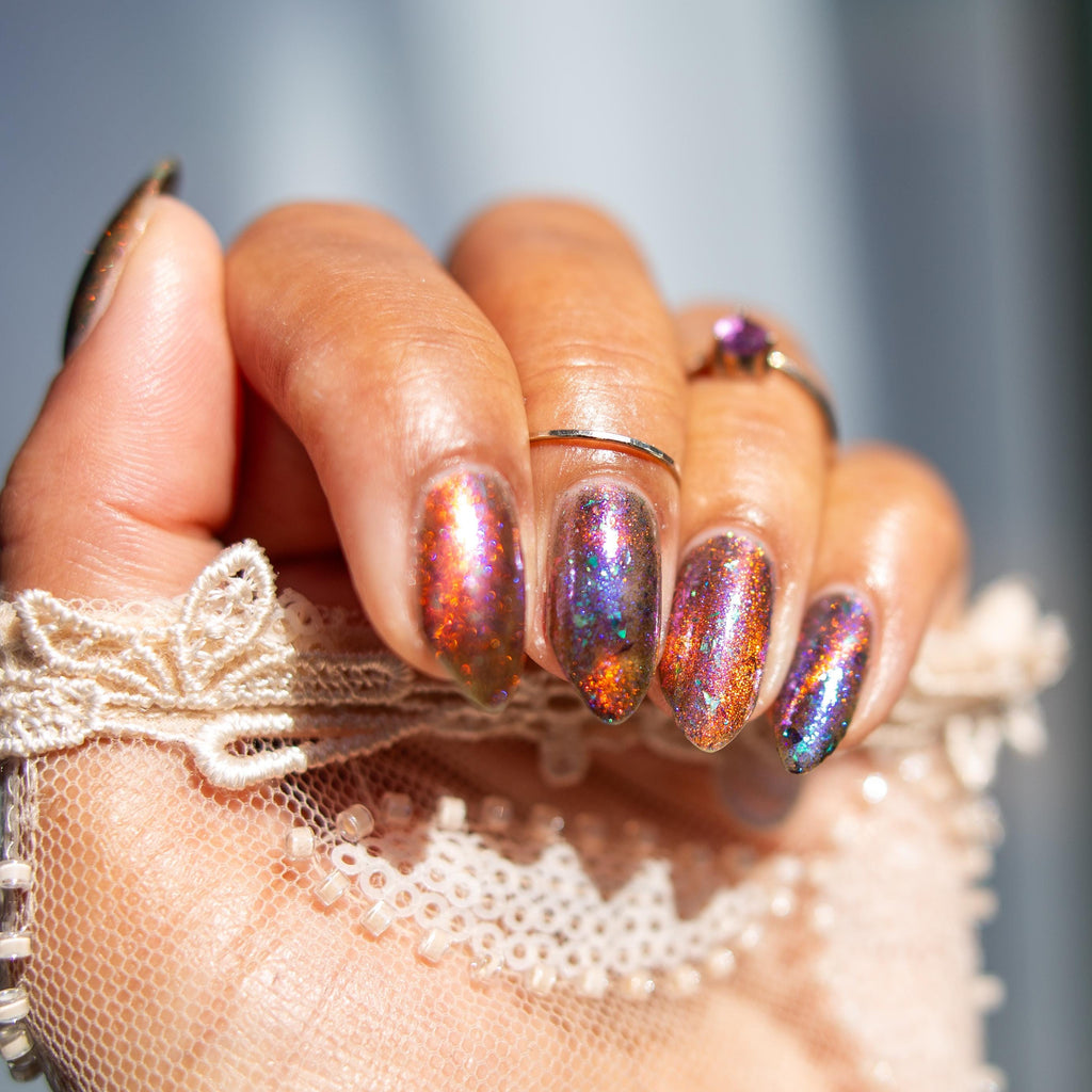 Alpenglow | PRE-ORDER | Purple jelly & red magnetic nail polish with shifting auroral flakies