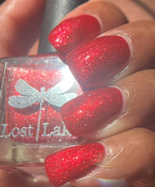 Cruise Room ~ Bright Pink Red Matte Nail Polish with reflective glitter
