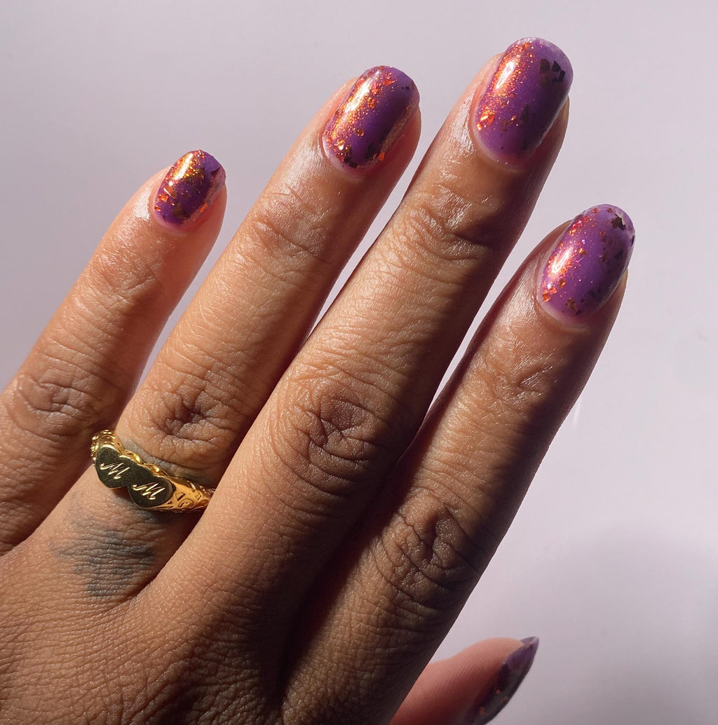 Blucifer | Glossy Purple Sparkle Polish with coppery glitter