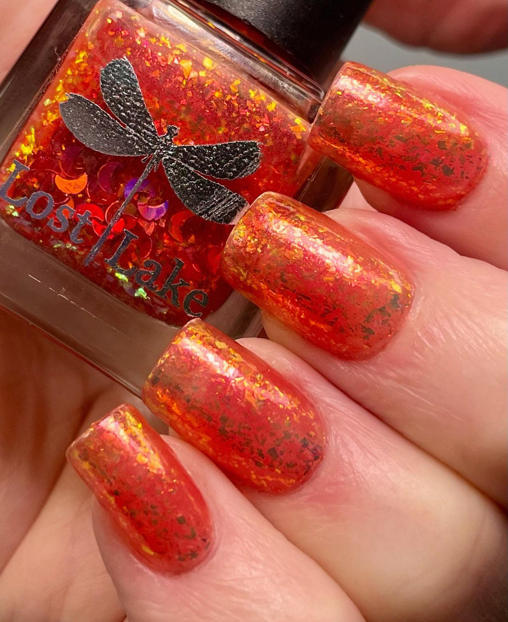 Neon Orange Jelly Nail Polish with Red Flakies: Luna de Fuego