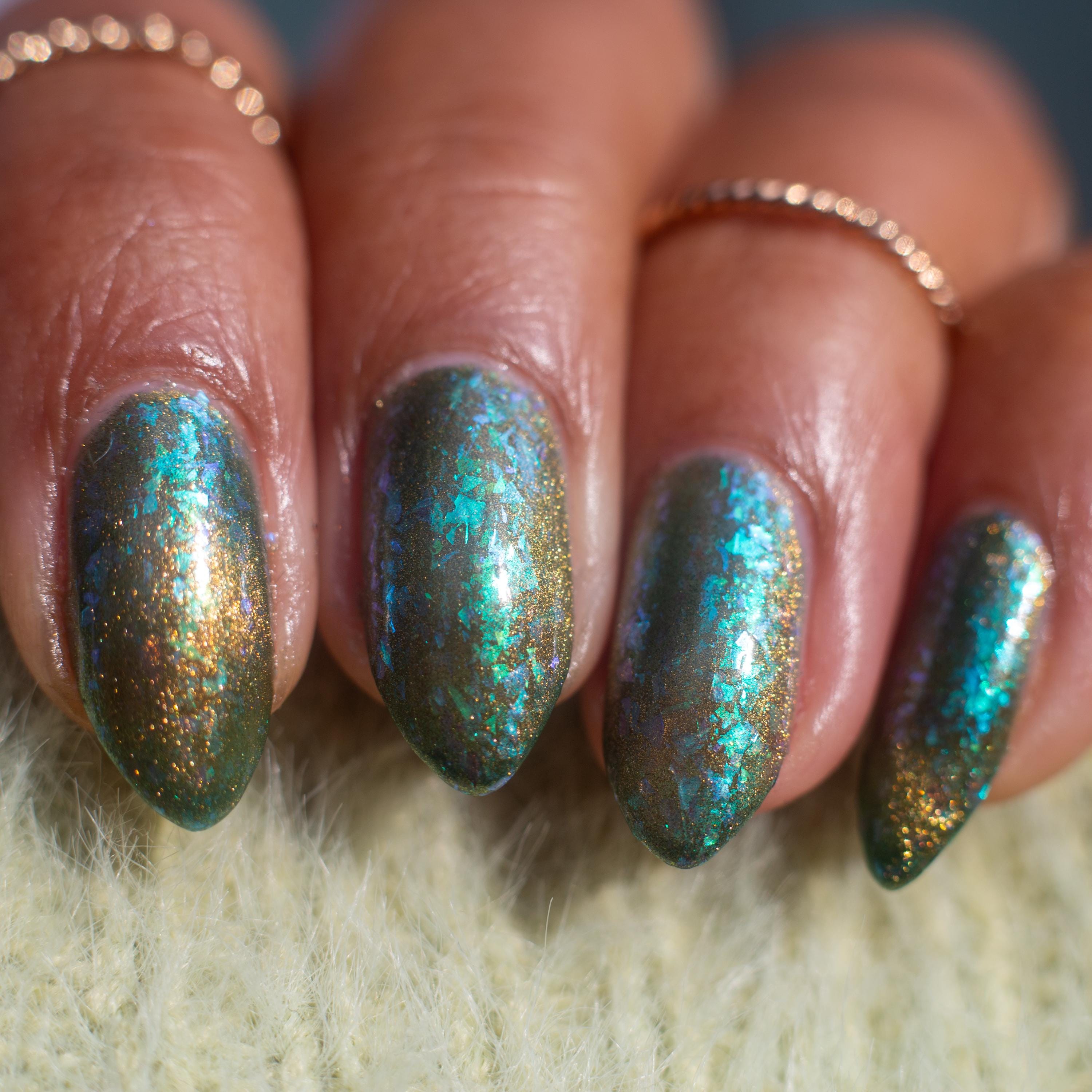 A Light in the Forest | Green & Gold magnetic nail polish with shifting auroral flakies
