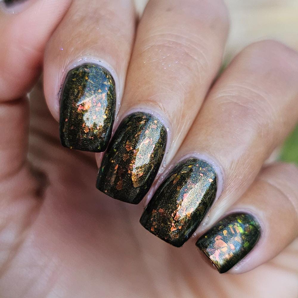 Night Fire ~ black nail polish with red and orange flakes