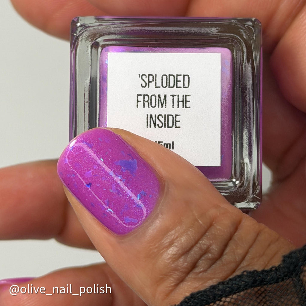 Ripley's Collection | 'Sploded from the Inside | Neon orchid pink polish with a scattering of blue chameleon flakies