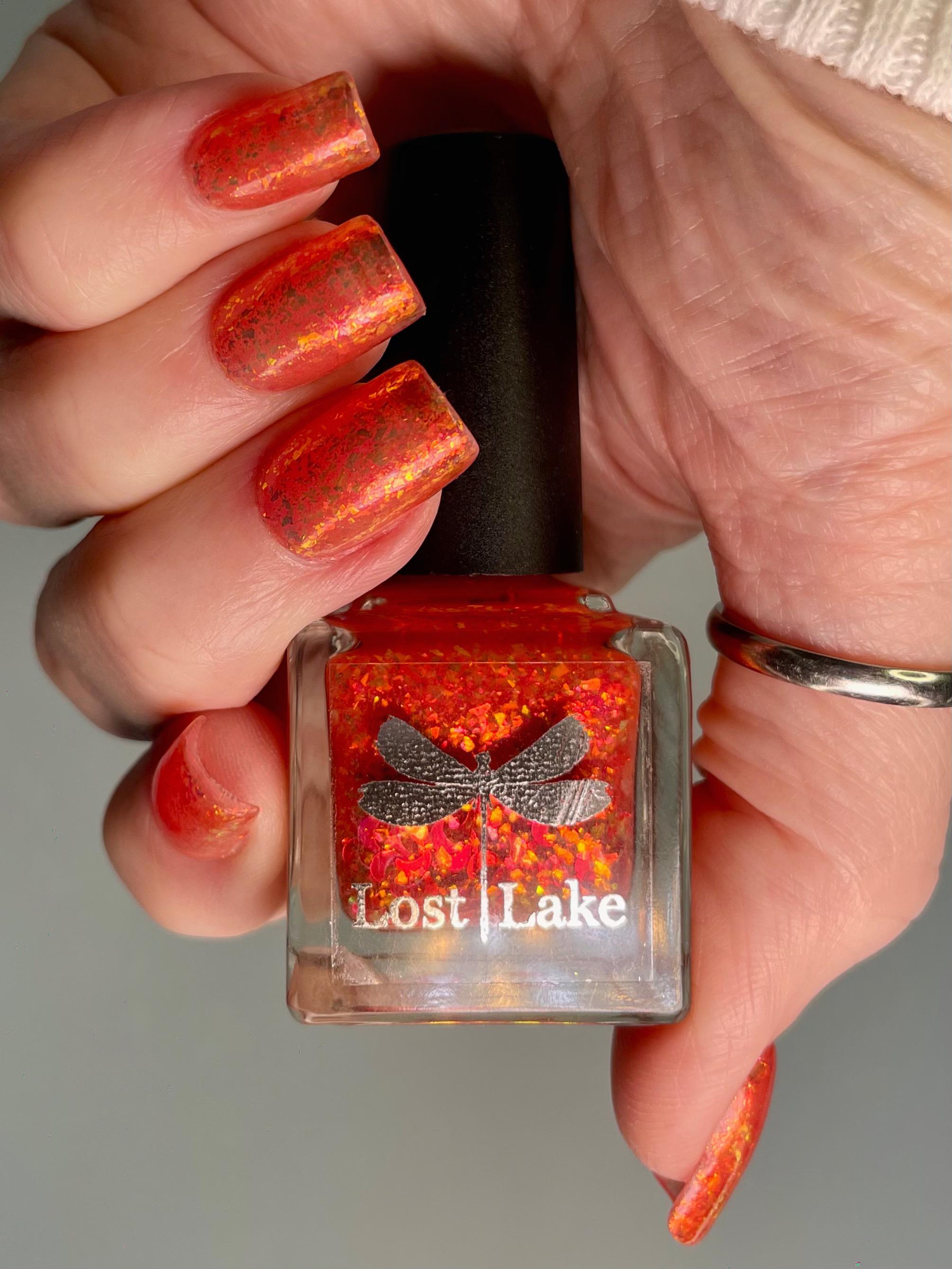 Neon Orange Jelly Nail Polish with Red Flakies: Luna de Fuego