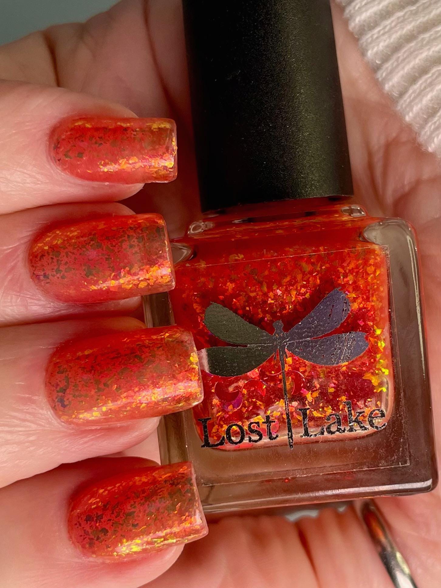 Neon Orange Jelly Nail Polish with Red Flakies: Luna de Fuego