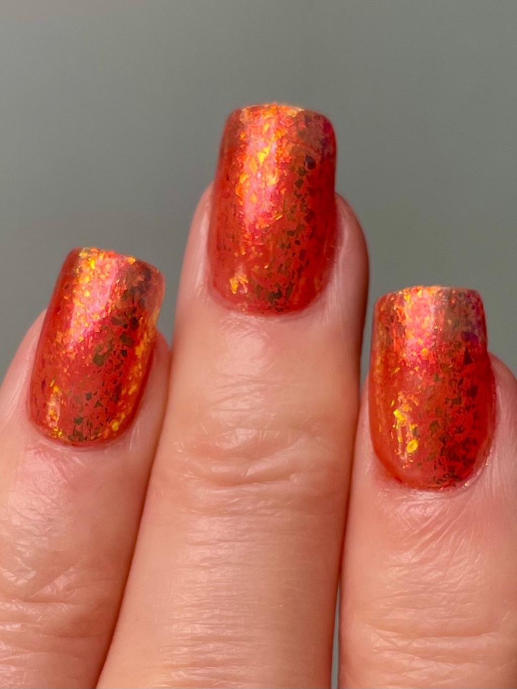 Neon Orange Jelly Nail Polish with Red Flakies: Luna de Fuego