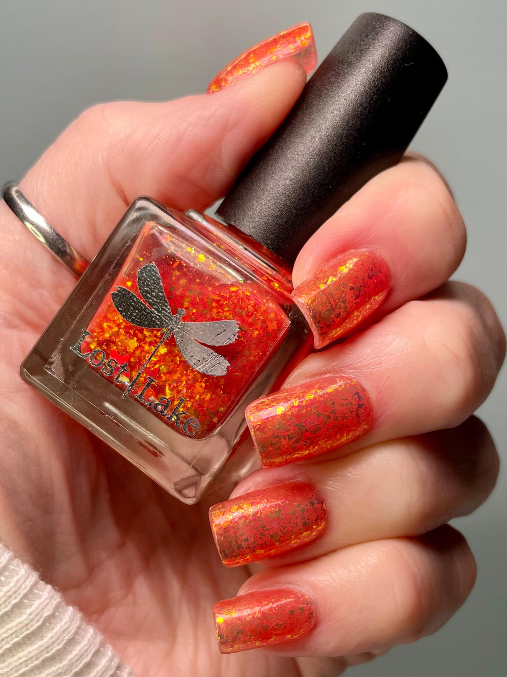 Neon Orange Jelly Nail Polish with Red Flakies: Luna de Fuego
