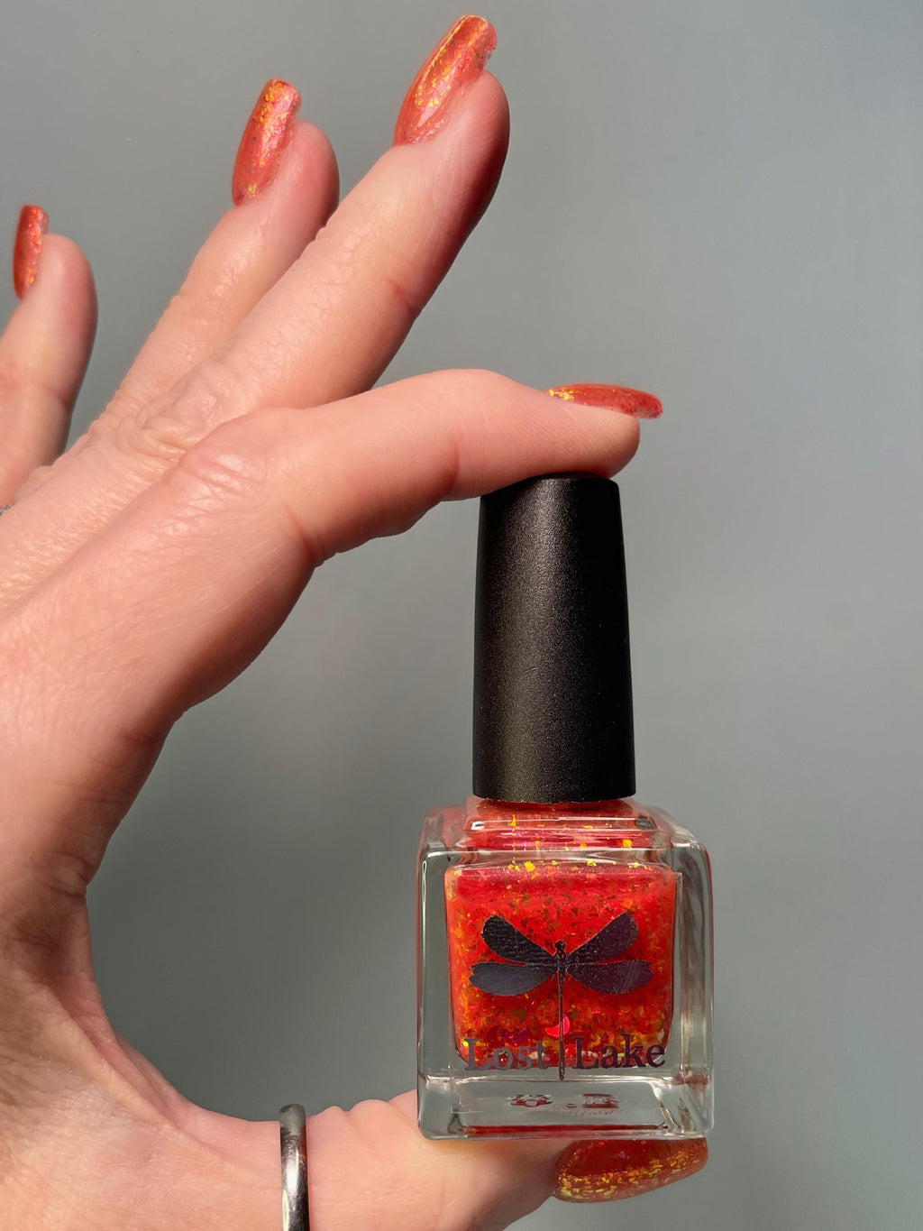 Neon Orange Jelly Nail Polish with Red Flakies: Luna de Fuego