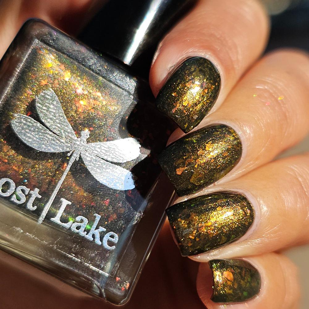 Night Fire ~ black nail polish with red and orange flakes