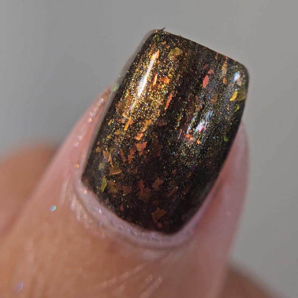 Night Fire ~ black nail polish with red and orange flakes