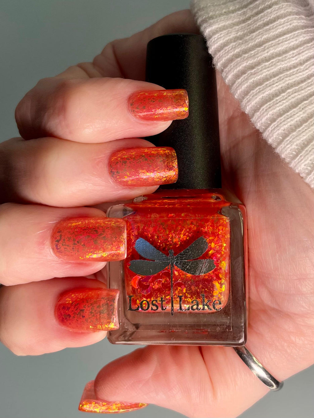 Neon Orange Jelly Nail Polish with Red Flakies: Luna de Fuego