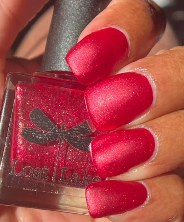 Cruise Room ~ Bright Pink Red Matte Nail Polish with reflective glitter