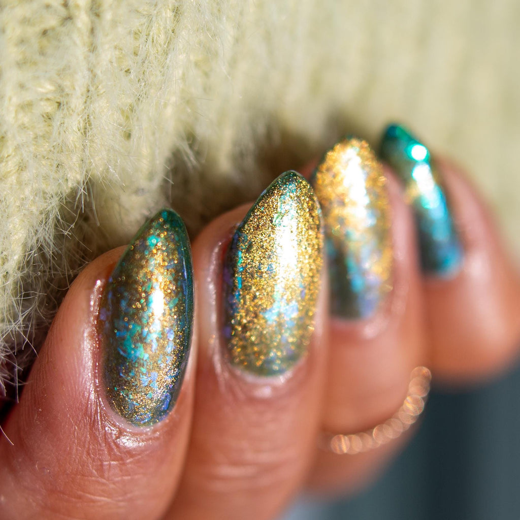 A Light in the Forest | Green & Gold magnetic nail polish with shifting auroral flakies