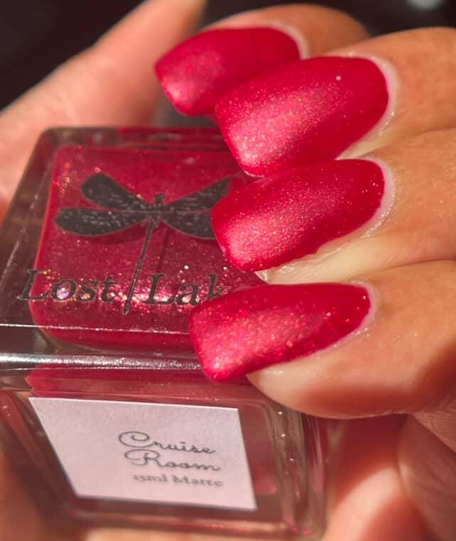 Cruise Room ~ Bright Pink Red Matte Nail Polish with reflective glitter