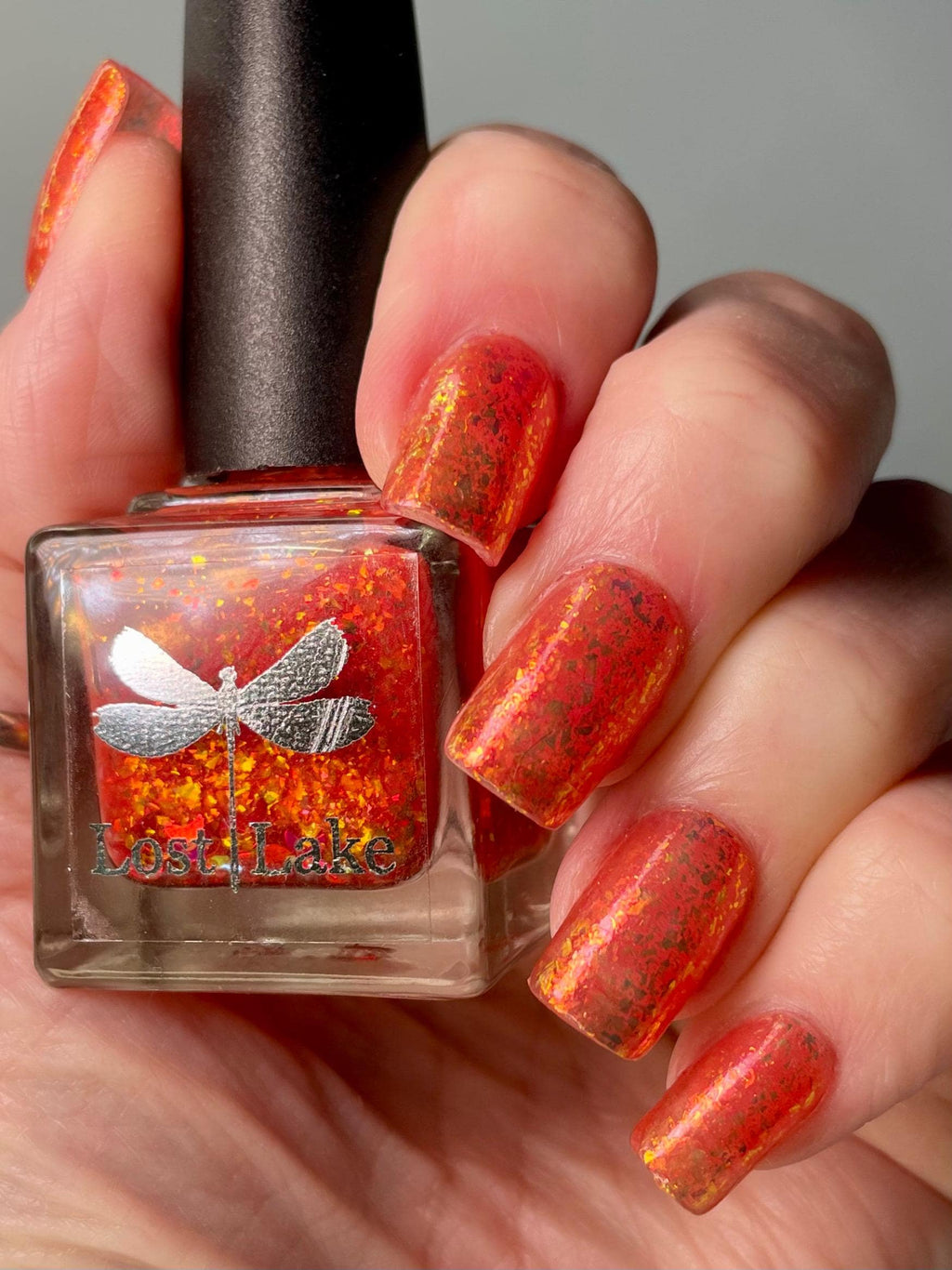 Neon Orange Jelly Nail Polish with Red Flakies: Luna de Fuego