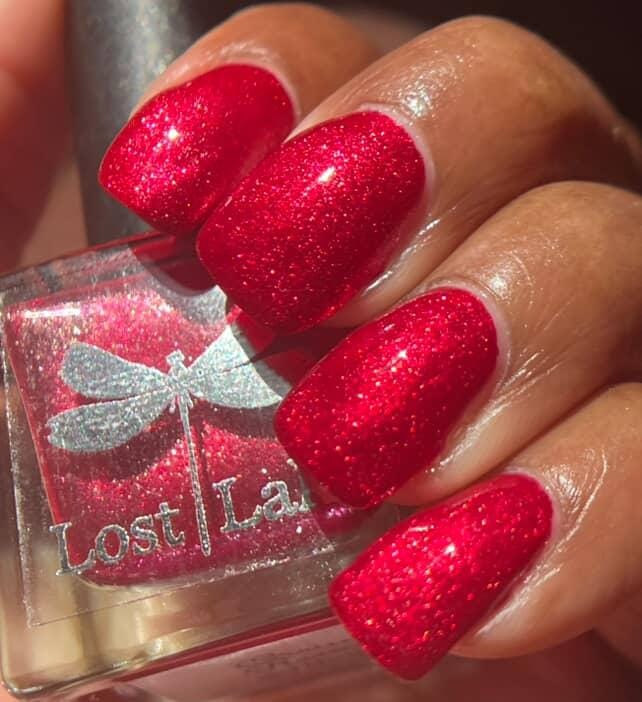 Cruise Room ~ Bright Pink Red Matte Nail Polish with reflective glitter